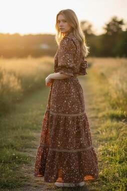 Max Studio Rust Floral Tiered Smocked V-Neck Maxi Dress, Size XS